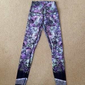 Lululemon long tights, very cute pattern in green and purple. Like new condition